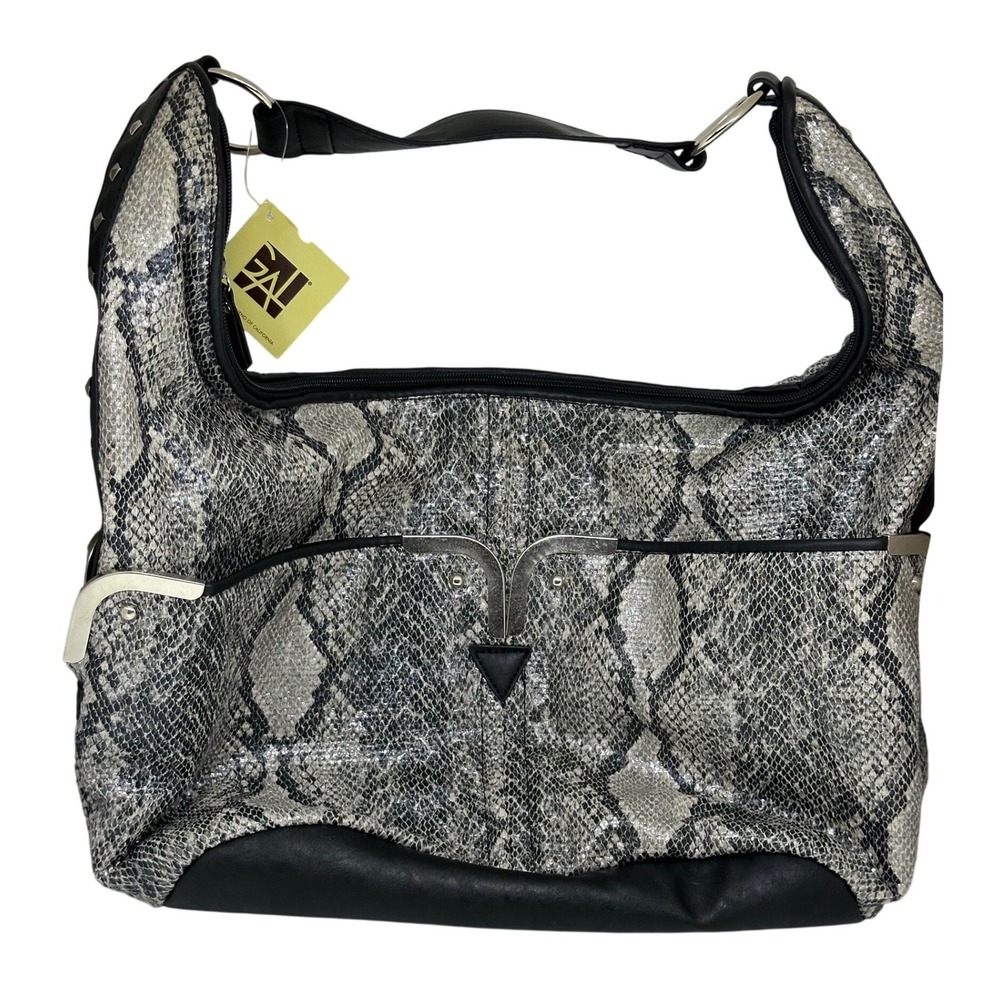 VTG Bueno Shoulder Bag Gray Snakeskin Y2K Studded Python Coated Cotton NWT Women